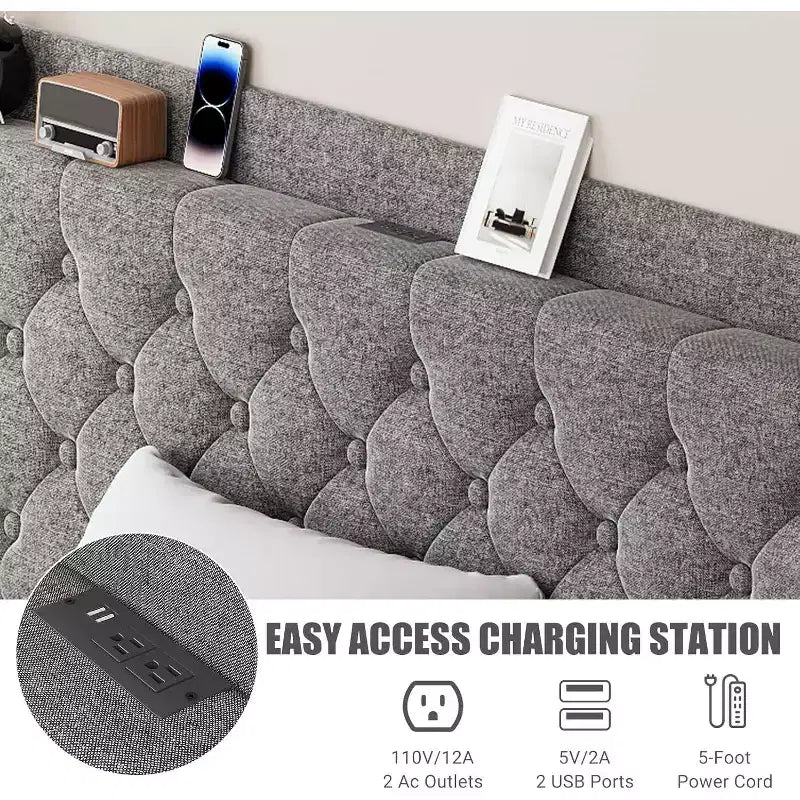 Lit King Size Moderne Rembourré - Tête de Lit avec Chargement USB et Rangement, Capitonnée et Sans Bruit, Sans Sommier (Gris Foncé)