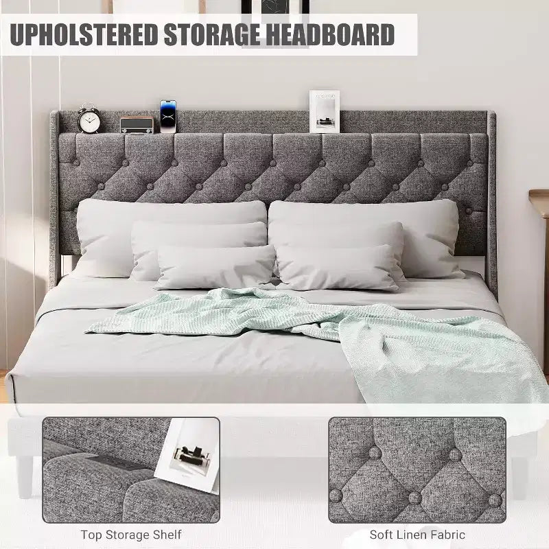 Lit King Size Moderne Rembourré - Tête de Lit avec Chargement USB et Rangement, Capitonnée et Sans Bruit, Sans Sommier (Gris Foncé)