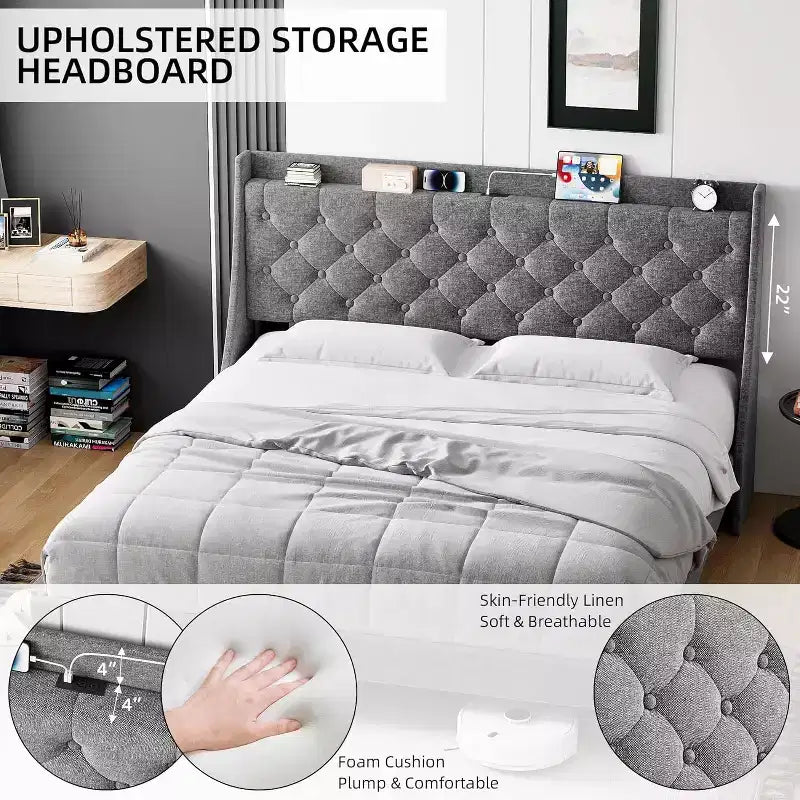 Lit King Size Moderne Rembourré - Tête de Lit avec Chargement USB et Rangement, Capitonnée et Sans Bruit, Sans Sommier (Gris Foncé)
