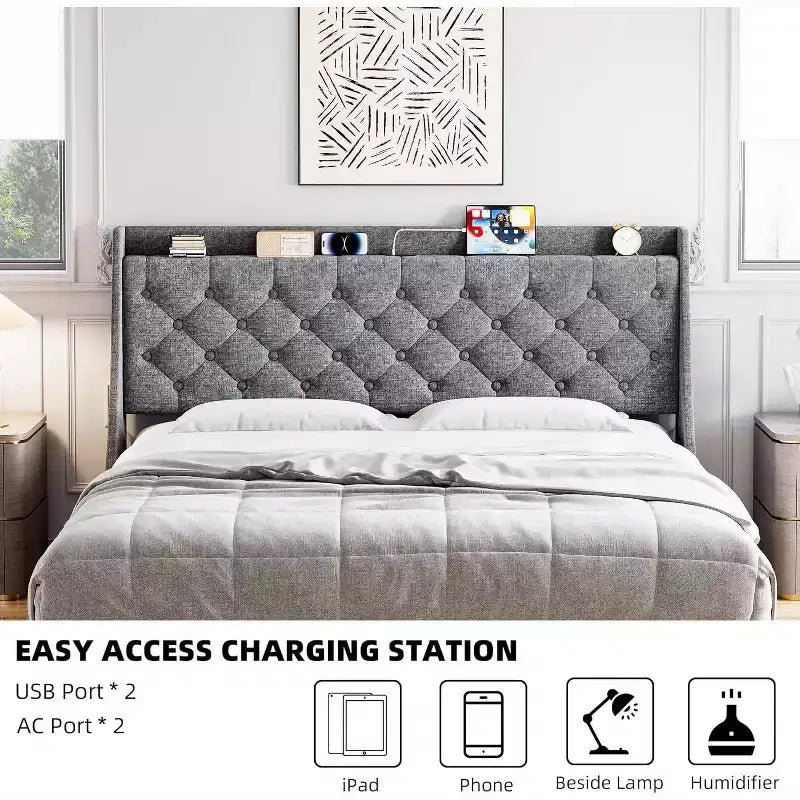 Lit King Size Moderne Rembourré - Tête de Lit avec Chargement USB et Rangement, Capitonnée et Sans Bruit, Sans Sommier (Gris Foncé)