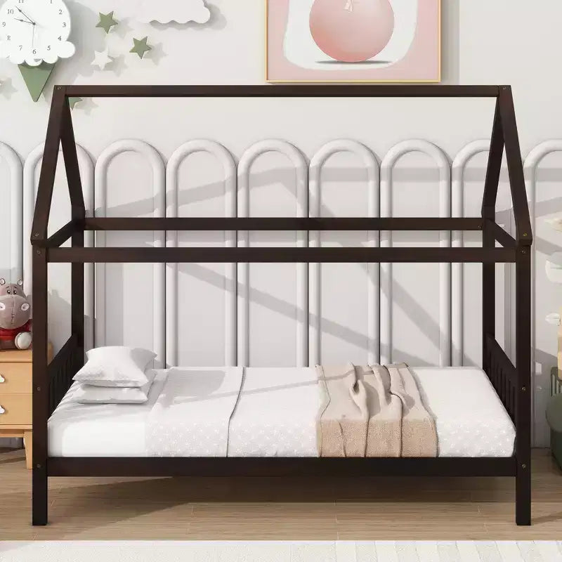 MAYEERTY Twin Rubber Wood Bed with House Frame Brown