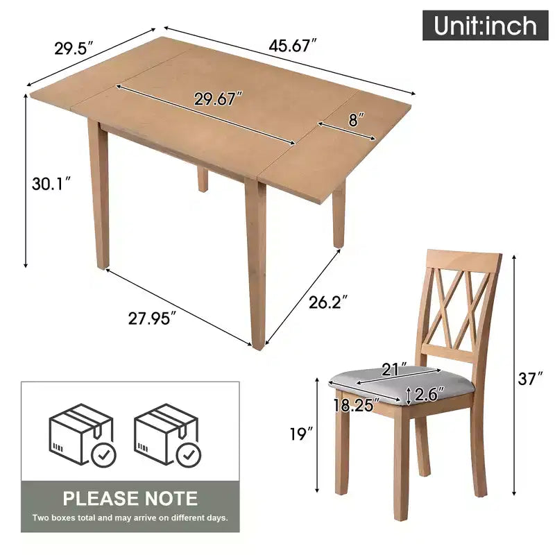 Ensemble de salle à manger 3 pièces extensible avec abattants et chaises rembourrées