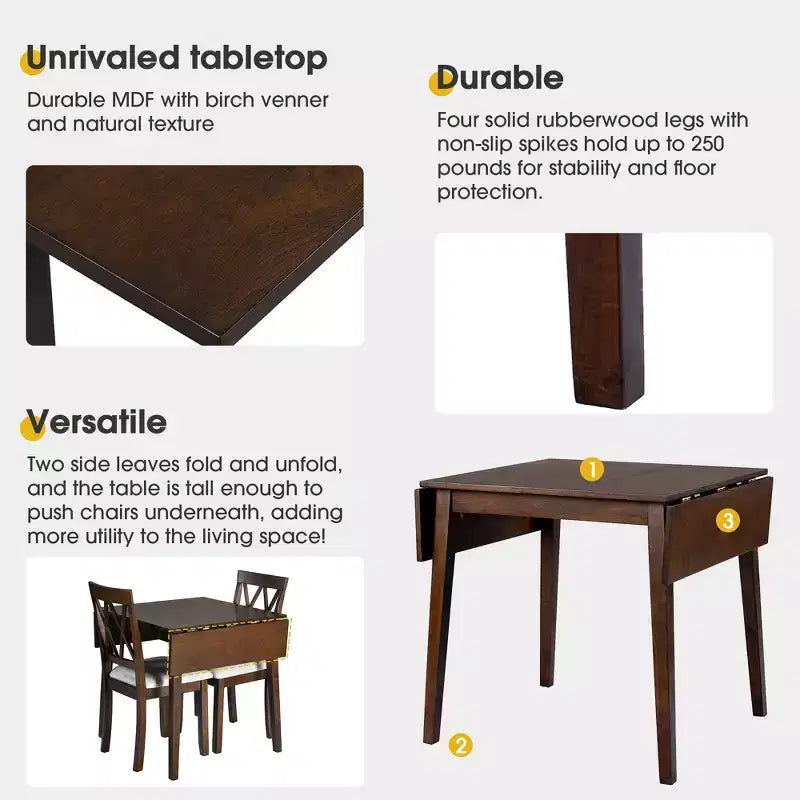 Ensemble de salle à manger 3 pièces extensible avec abattants et chaises rembourrées