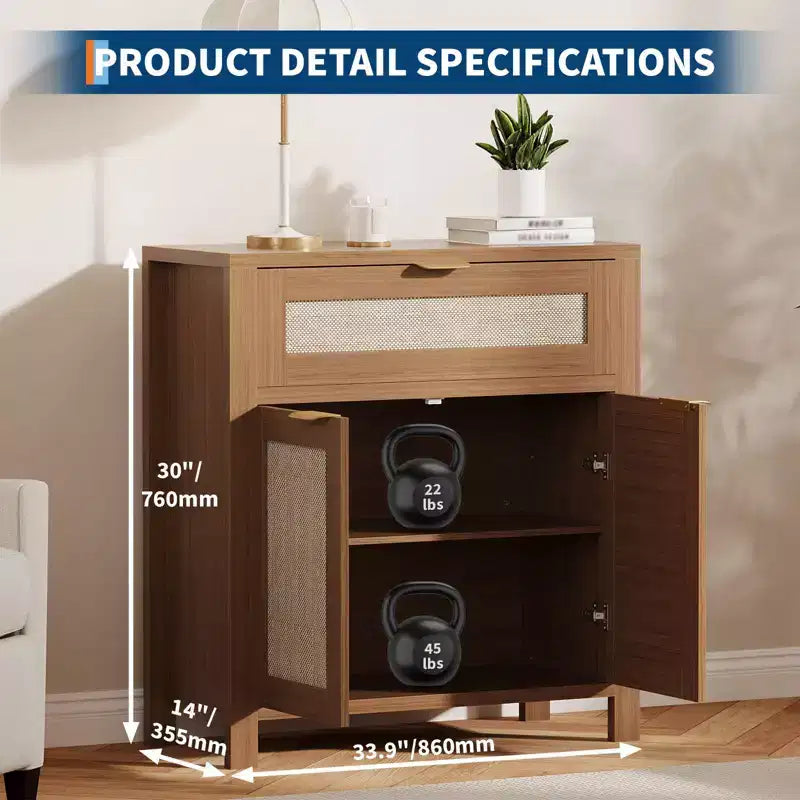 Meuble buffet en rotin, meuble de bar à café avec tiroir et étagères réglables, meuble TV, meuble de rangement de cuisine