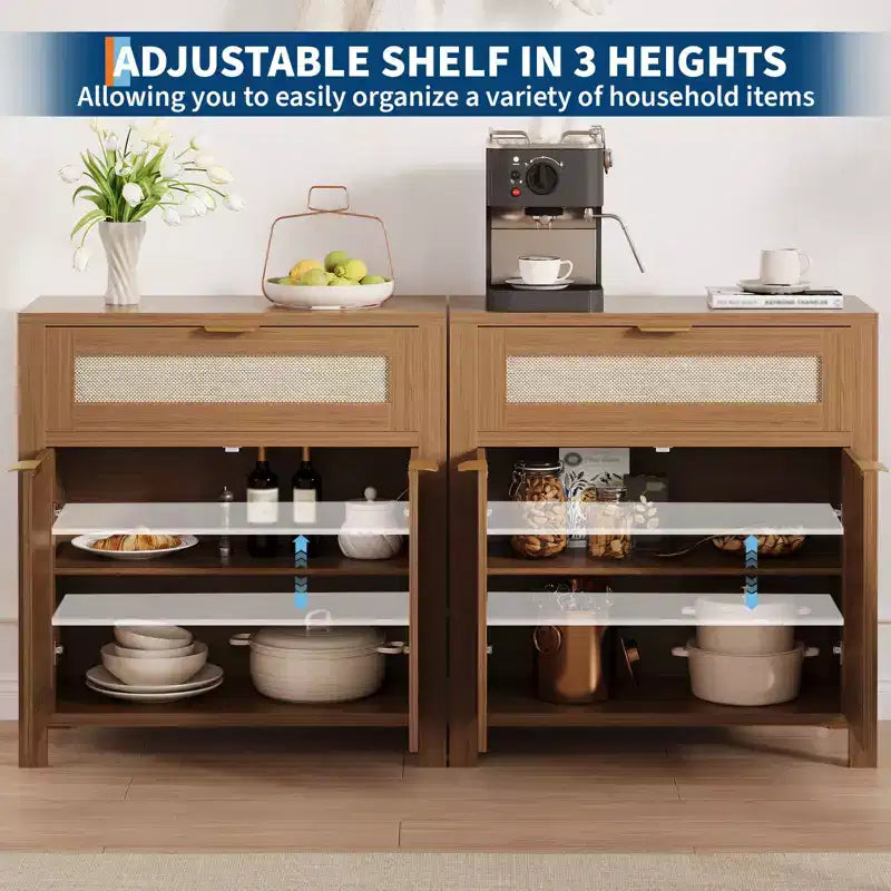 Meuble buffet en rotin, meuble de bar à café avec tiroir et étagères réglables, meuble TV, meuble de rangement de cuisine