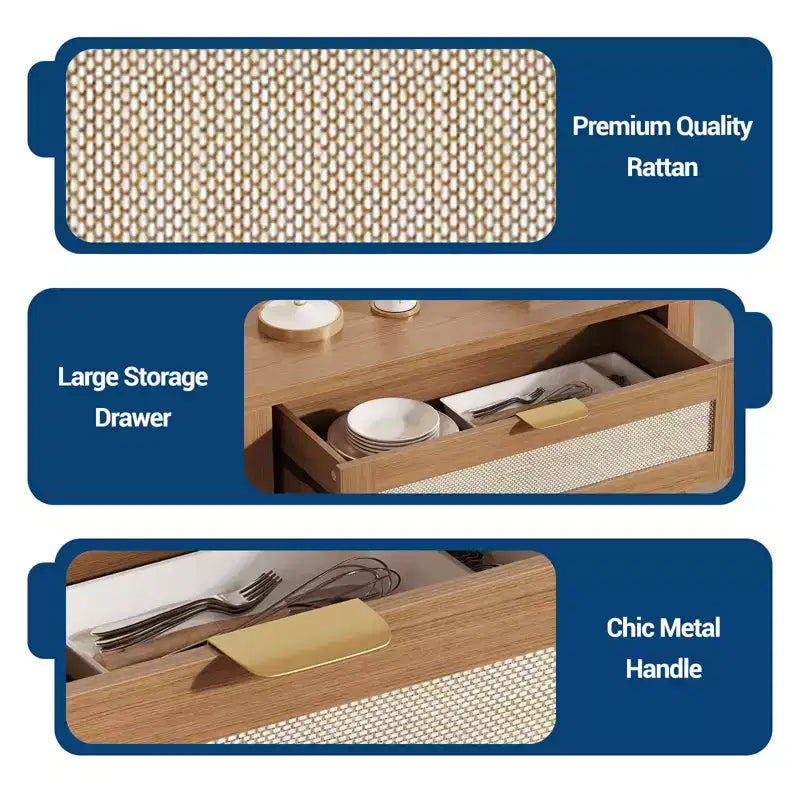 Meuble buffet en rotin, meuble de bar à café avec tiroir et étagères réglables, meuble TV, meuble de rangement de cuisine