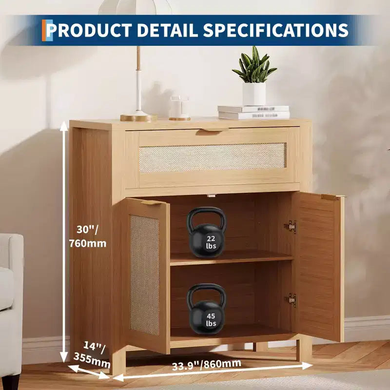 Meuble buffet en rotin, meuble de bar à café avec tiroir et étagères réglables, meuble TV, meuble de rangement de cuisine