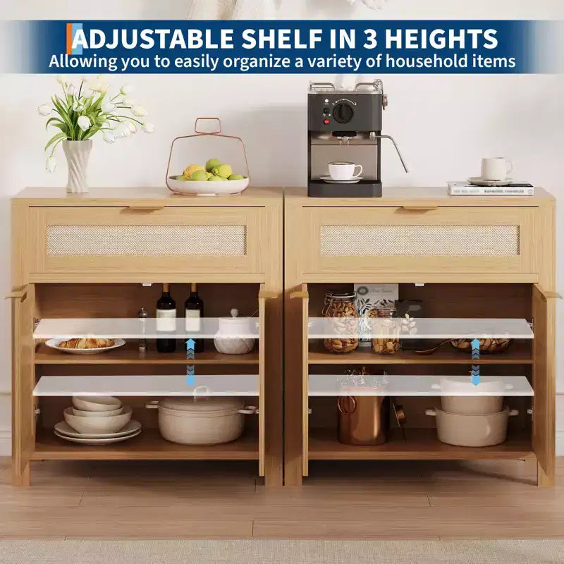 Meuble buffet en rotin, meuble de bar à café avec tiroir et étagères réglables, meuble TV, meuble de rangement de cuisine