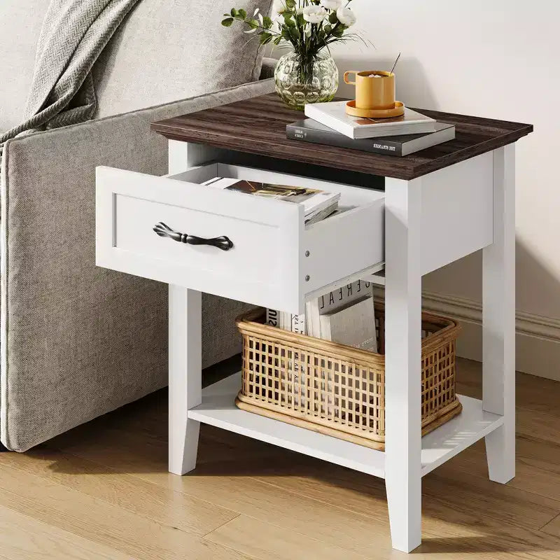 Table de chevet, avec 1 tiroir et étagère de rangement ouverte, table d'appoint polyvalente pour chambre à coucher, bureau, canapé
