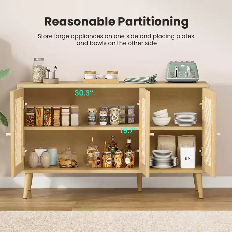 Bahut de cuisine avec 3 portes en rotin et étagères réglables