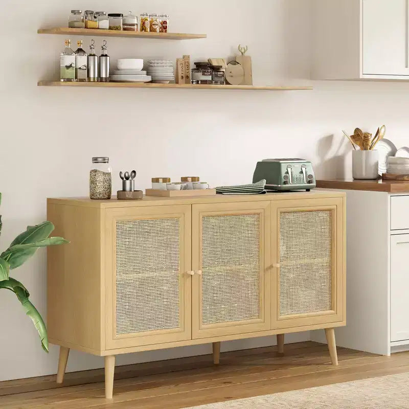 Bahut de cuisine avec 3 portes en rotin et étagères réglables