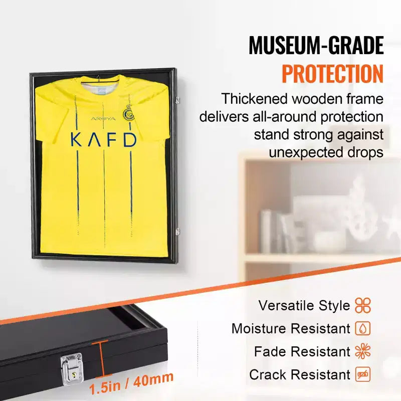 Cadre d'affichage pour maillot, 23,3x31,2x1,5 po, Grande vitrine verrouillable pour maillot de sport avec verre PC anti-UV à 98 % et cintres, Noir