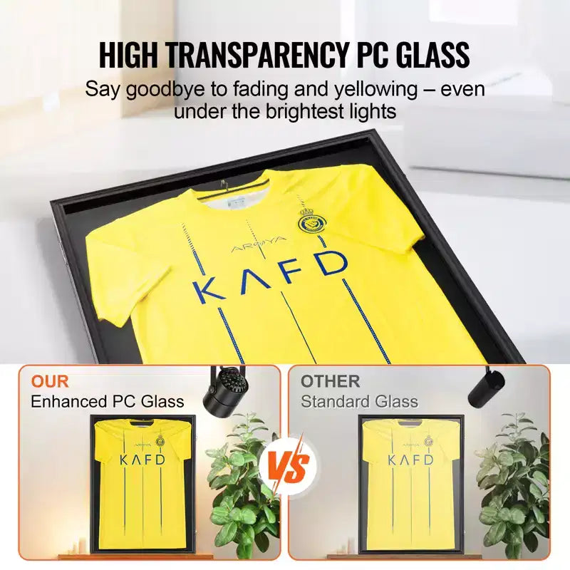 Cadre d'affichage pour maillot, 23,3x31,2x1,5 po, Grande vitrine verrouillable pour maillot de sport avec verre PC anti-UV à 98 % et cintres, Noir
