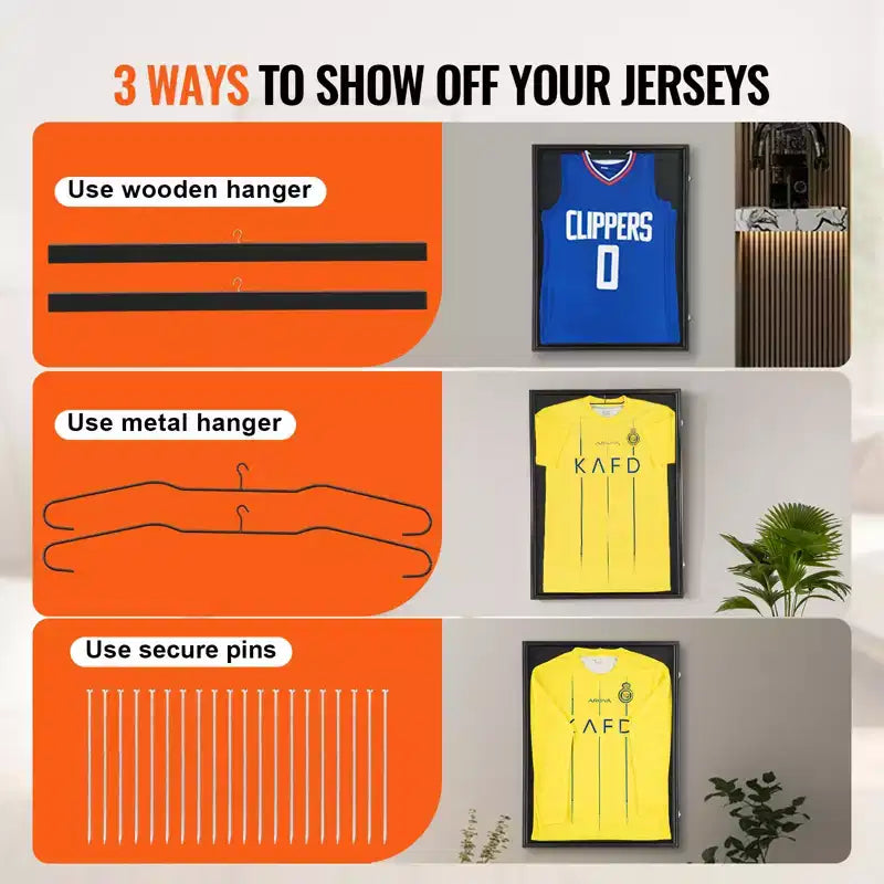 Cadre d'affichage pour maillot, 23,3x31,2x1,5 po, Grande vitrine verrouillable pour maillot de sport avec verre PC anti-UV à 98 % et cintres, Noir