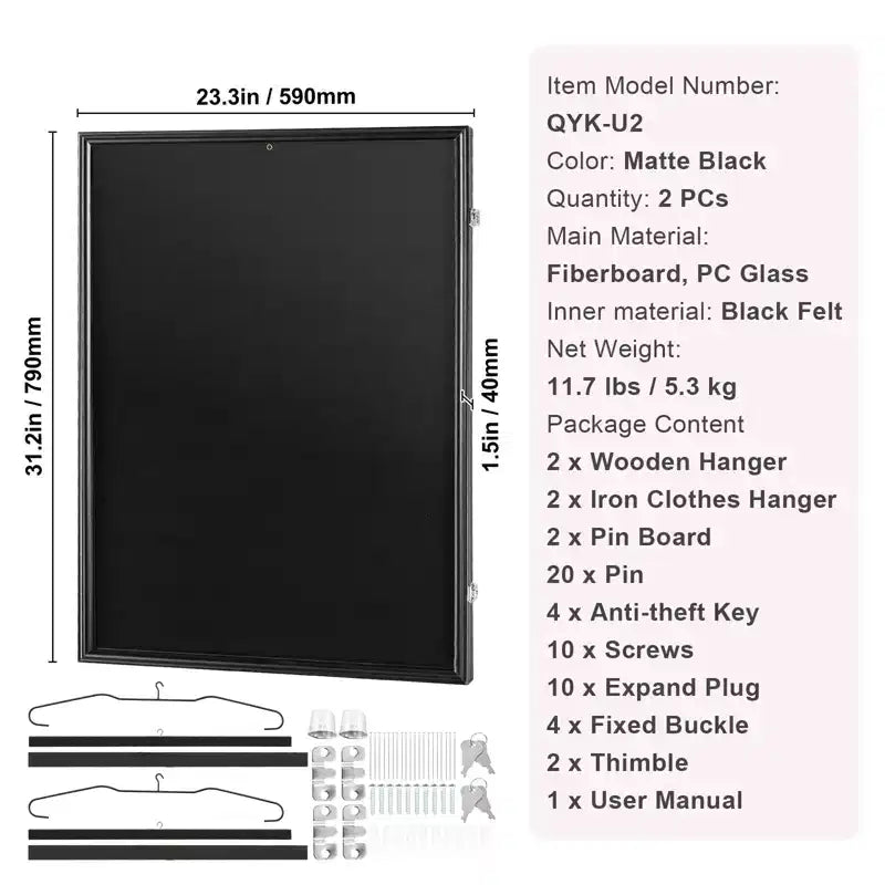 Cadre d'affichage pour maillot, 23,3x31,2x1,5 po, Grande vitrine verrouillable pour maillot de sport avec verre PC anti-UV à 98 % et cintres, Noir