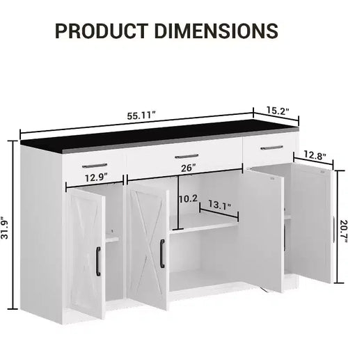 Buffet de rangement de 140 cm, avec 3 tiroirs et 4 portes, Buffet, Meuble de bar de style rustique