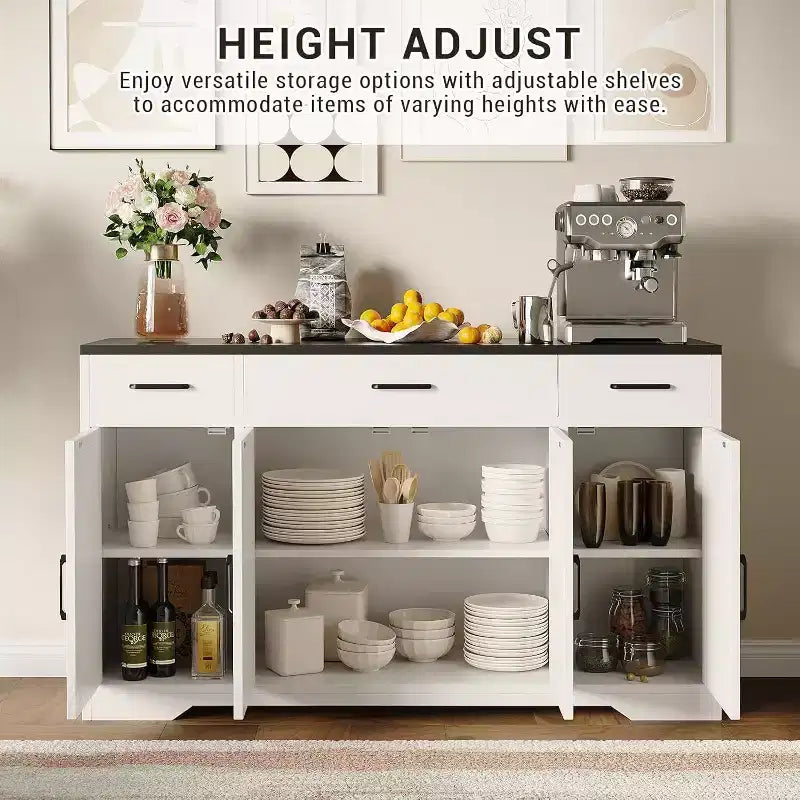 Buffet de rangement de 140 cm, avec 3 tiroirs et 4 portes, Buffet, Meuble de bar de style rustique