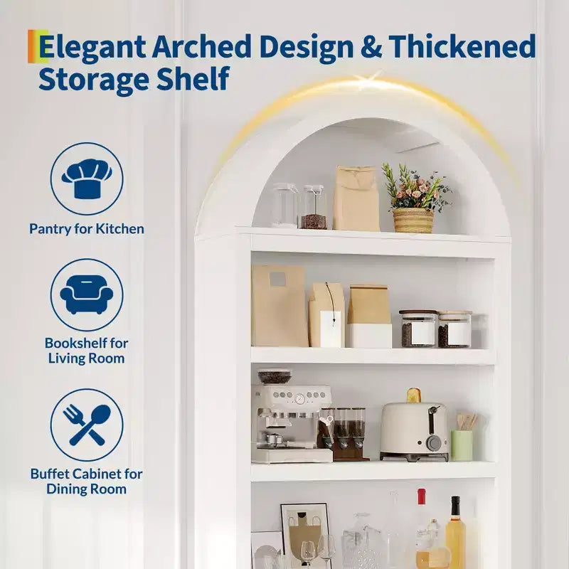 Grand garde-manger haut de 183 cm avec arc, armoire de cuisine avec étagères réglables et poignées, meuble de rangement en bois pour salle à manger, cuisine, salon