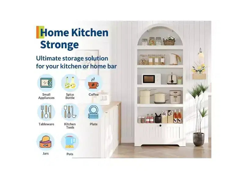 Grand garde-manger haut de 183 cm avec arc, armoire de cuisine avec étagères réglables et poignées, meuble de rangement en bois pour salle à manger, cuisine, salon