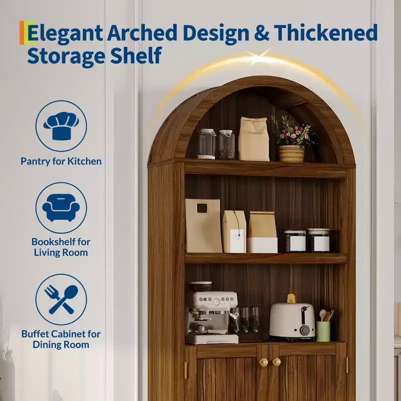 Grand garde-manger haut de 183 cm avec arc, armoire de cuisine avec étagères réglables et poignées, meuble de rangement en bois pour salle à manger, cuisine, salon