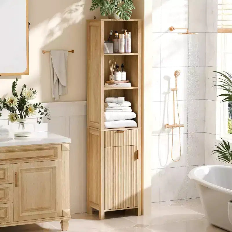 VINGLI Narrow Fluted Bathroom Floor Skinny Storage Cabinet with 1 Fluted Door&Drawer,68 Tall Narrow Slim Bathroom Cabinet Natural Oak Color