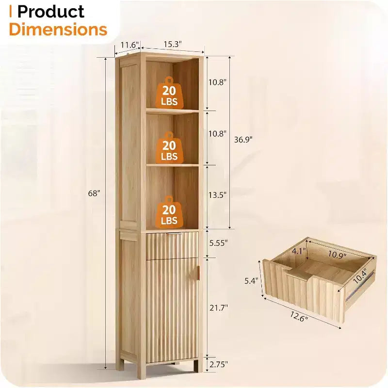 Meuble de Rangement Fin de Salle de Bain Flûté Étroit avec 1 Porte et Tiroir Flûtés, Meuble de Salle de Bain Fin et Étroit de 172 cm de Haut, Couleur Chêne Naturel
