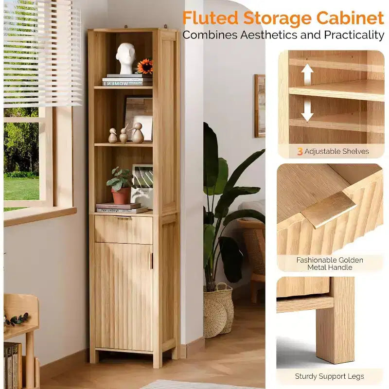 Meuble de Rangement Fin de Salle de Bain Flûté Étroit avec 1 Porte et Tiroir Flûtés, Meuble de Salle de Bain Fin et Étroit de 172 cm de Haut, Couleur Chêne Naturel