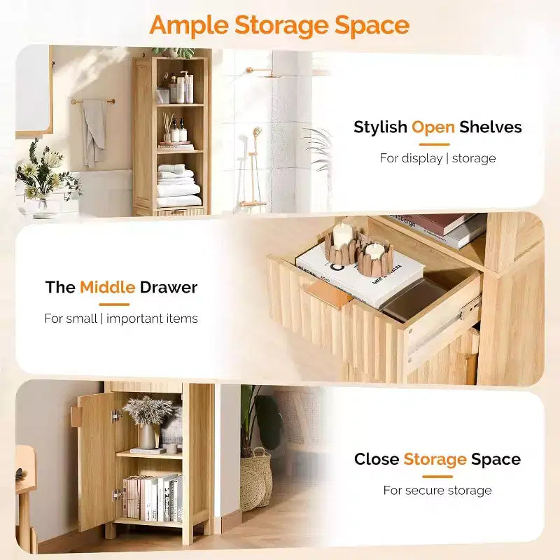 Meuble de Rangement Fin de Salle de Bain Flûté Étroit avec 1 Porte et Tiroir Flûtés, Meuble de Salle de Bain Fin et Étroit de 172 cm de Haut, Couleur Chêne Naturel