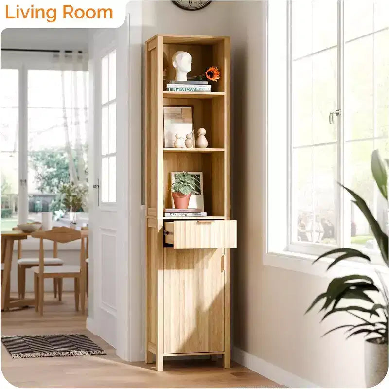 Meuble de Rangement Fin de Salle de Bain Flûté Étroit avec 1 Porte et Tiroir Flûtés, Meuble de Salle de Bain Fin et Étroit de 172 cm de Haut, Couleur Chêne Naturel