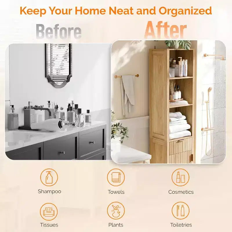 Meuble de Rangement Fin de Salle de Bain Flûté Étroit avec 1 Porte et Tiroir Flûtés, Meuble de Salle de Bain Fin et Étroit de 172 cm de Haut, Couleur Chêne Naturel