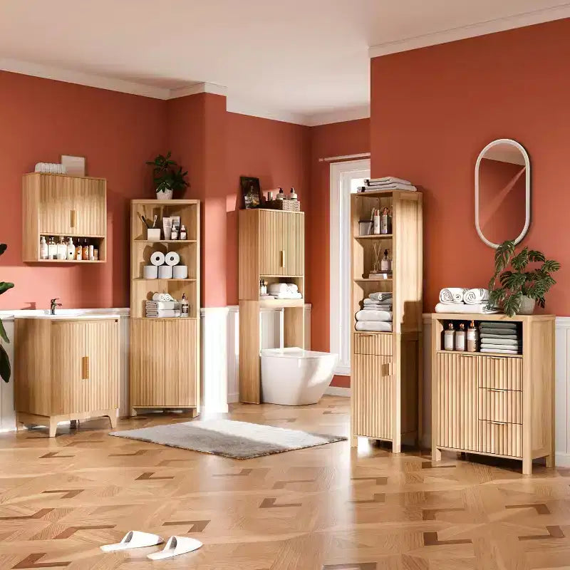 Meuble de Rangement Fin de Salle de Bain Flûté Étroit avec 1 Porte et Tiroir Flûtés, Meuble de Salle de Bain Fin et Étroit de 172 cm de Haut, Couleur Chêne Naturel