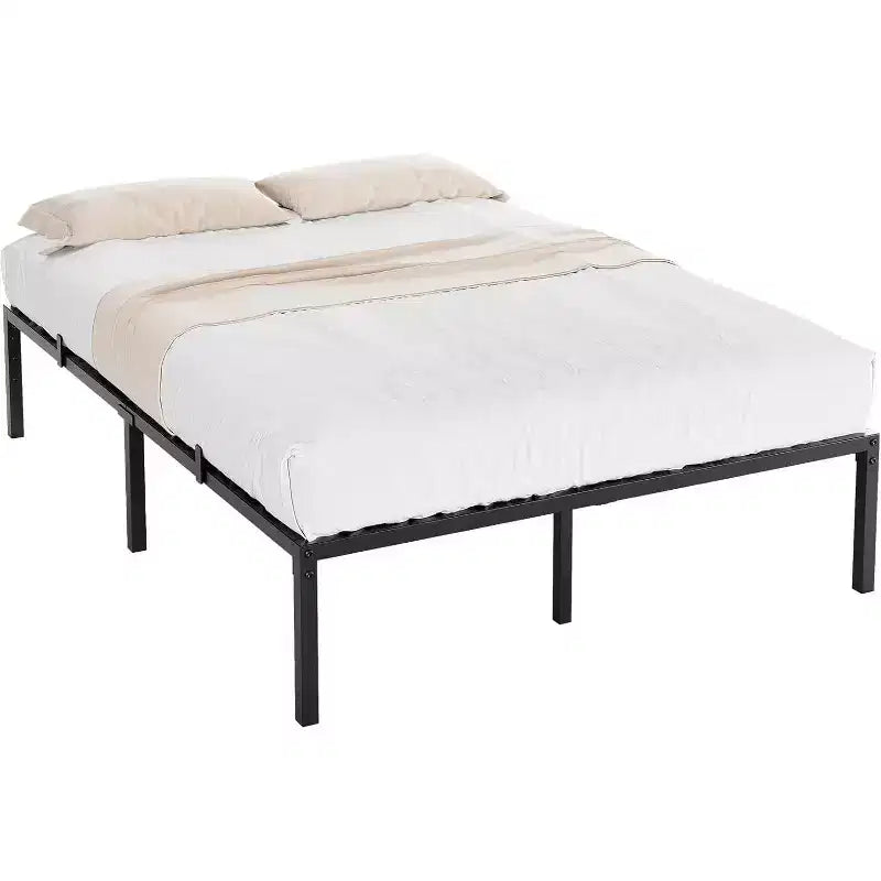 Cadre de lit double en métal, plateforme de 40,6 cm de haut, support robuste de 453,6 kg, pas besoin de sommier, espace de rangement, lattes en acier solides, noir