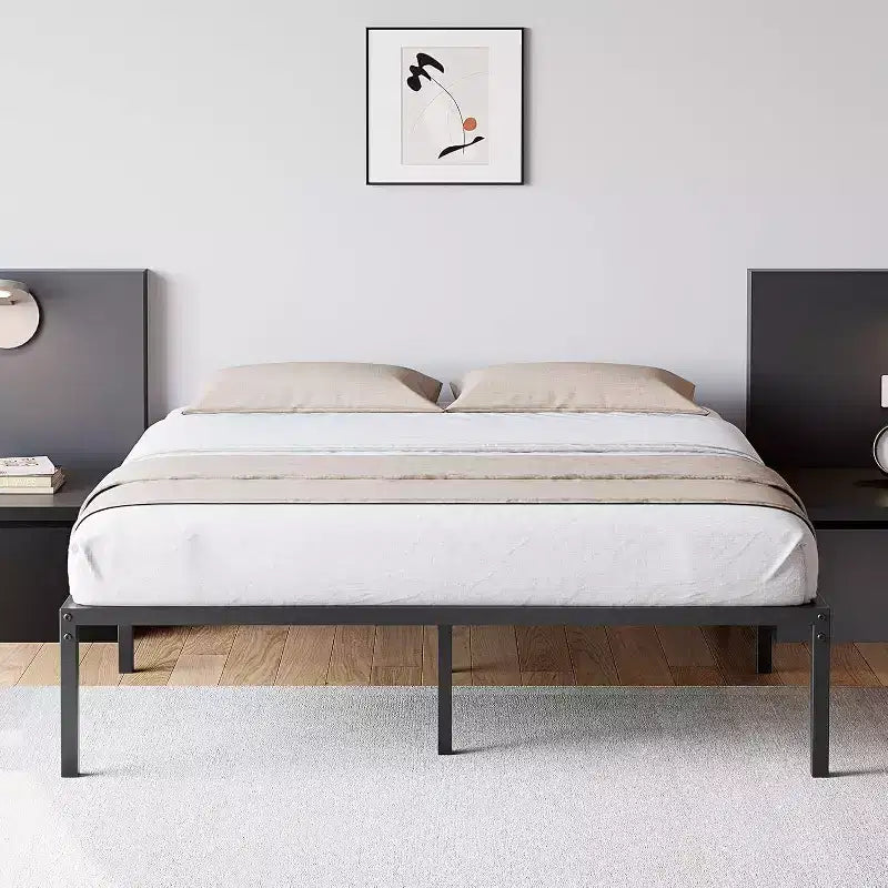 Cadre de lit double en métal, plateforme de 40,6 cm de haut, support robuste de 453,6 kg, pas besoin de sommier, espace de rangement, lattes en acier solides, noir