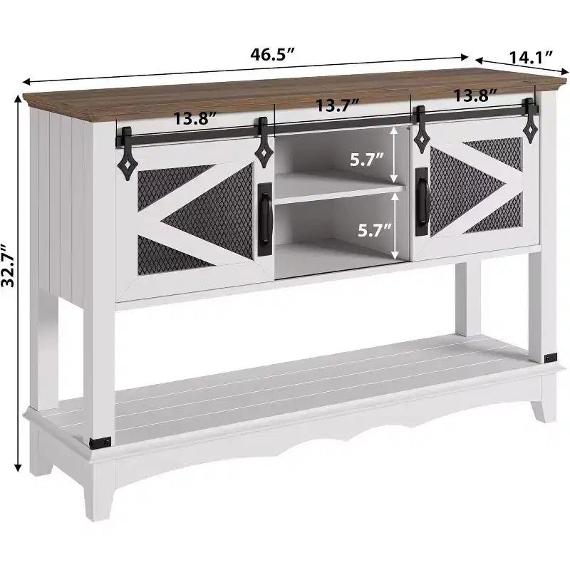 Table d'entrée de ferme avec rangement, Console blanche avec portes coulissantes de grange, Table de canapé en bois avec placard pour entrée et salon