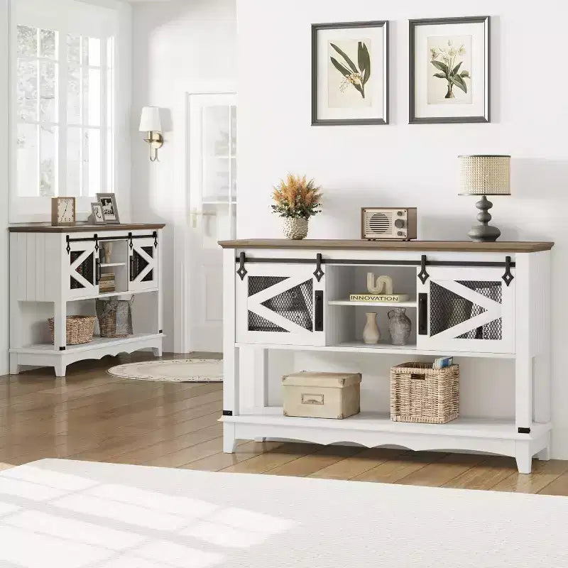 Table d'entrée de ferme avec rangement, Console blanche avec portes coulissantes de grange, Table de canapé en bois avec placard pour entrée et salon