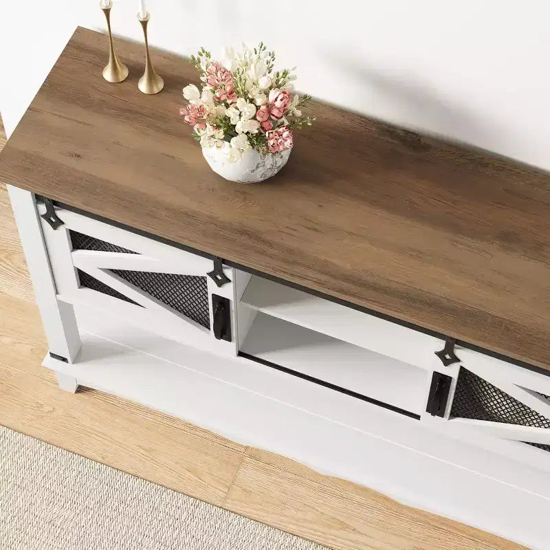 Table d'entrée de ferme avec rangement, Console blanche avec portes coulissantes de grange, Table de canapé en bois avec placard pour entrée et salon