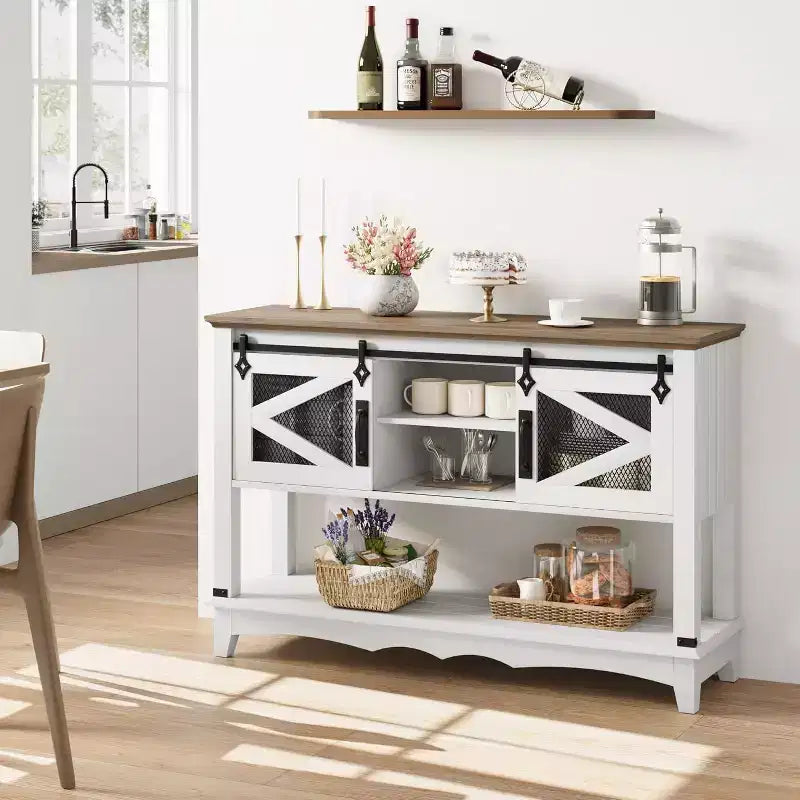 Table d'entrée de ferme avec rangement, Console blanche avec portes coulissantes de grange, Table de canapé en bois avec placard pour entrée et salon
