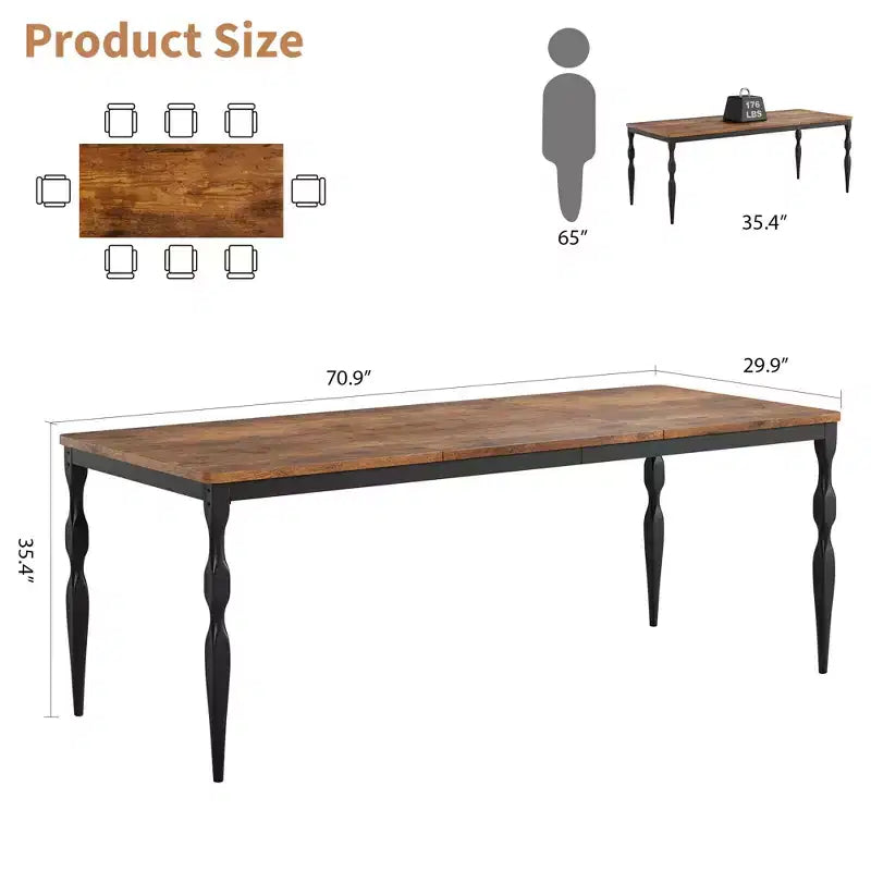 Table à manger rectangulaire pour 6 personnes, table de cuisine rustique de ferme de 78 pouces avec grand plateau