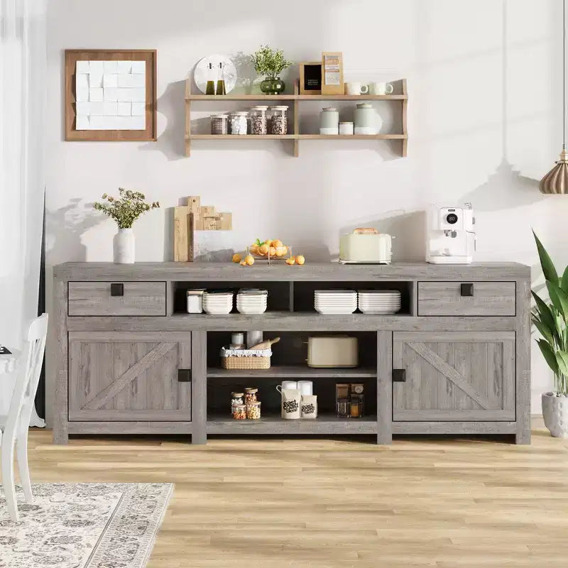 Meuble TV de ferme 70.1, Console média avec tiroirs de rangement et étagère ouverte pour salon, chambre à coucher