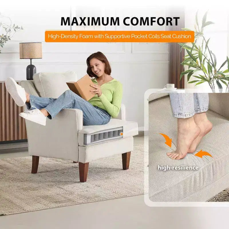 Fauteuil d'appoint avec coussin en T, 73,66 cm de large, en polyester et bois massif
