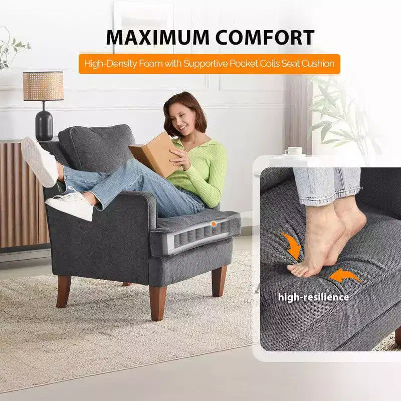 Fauteuil d'appoint avec coussin en T, 73,66 cm de large, en polyester et bois massif