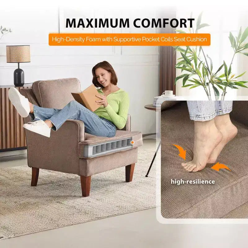 Fauteuil d'appoint avec coussin en T, 73,66 cm de large, en polyester et bois massif