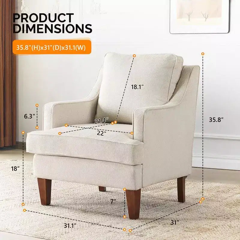 Fauteuil d'appoint avec coussin en T, 73,66 cm de large, en polyester et bois massif