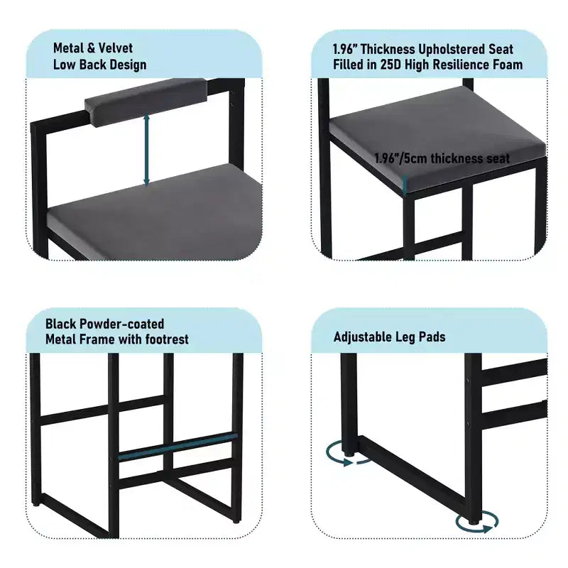 Tabourets de bar en velours, hauteur comptoir avec repose-pieds, dossier, chaises de salle à manger modernes, noir/gris