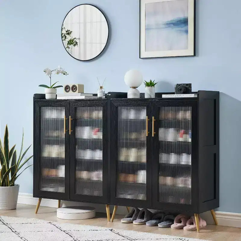 Meuble à chaussures 5 niveaux avec portes en verre, étagères réglables, organisateur de chaussures d'entrée, rangement peu encombrant pour la maison, noir