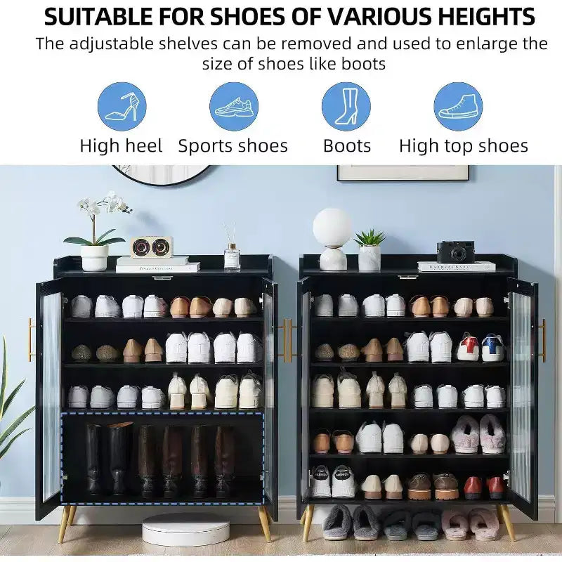Meuble à chaussures 5 niveaux avec portes en verre, étagères réglables, organisateur de chaussures d'entrée, rangement peu encombrant pour la maison, noir