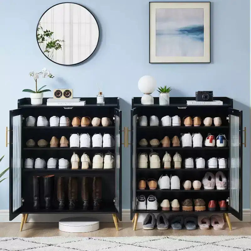 Meuble à chaussures 5 niveaux avec portes en verre, étagères réglables, organisateur de chaussures d'entrée, rangement peu encombrant pour la maison, noir