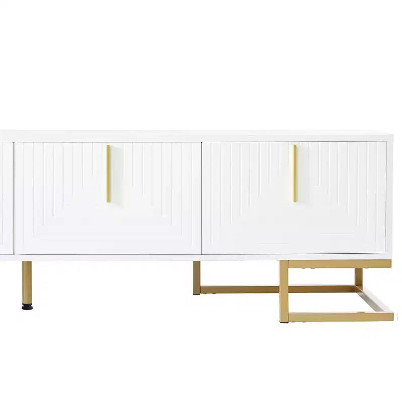 Meuble TV moderne avec pieds en métal et poignées dorées, console avec armoires et étagères réglables, convient aux téléviseurs jusqu'à 80 pouces