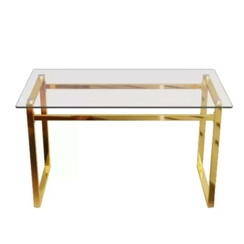 Table à manger rectangulaire moderne et minimaliste en verre pour 4-6 personnes avec plateau en verre trempé de 0,8 cm et pieds en métal chromé doré