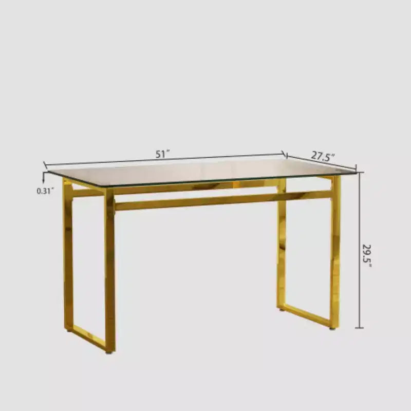 Table à manger rectangulaire moderne et minimaliste en verre pour 4-6 personnes avec plateau en verre trempé de 0,8 cm et pieds en métal chromé doré
